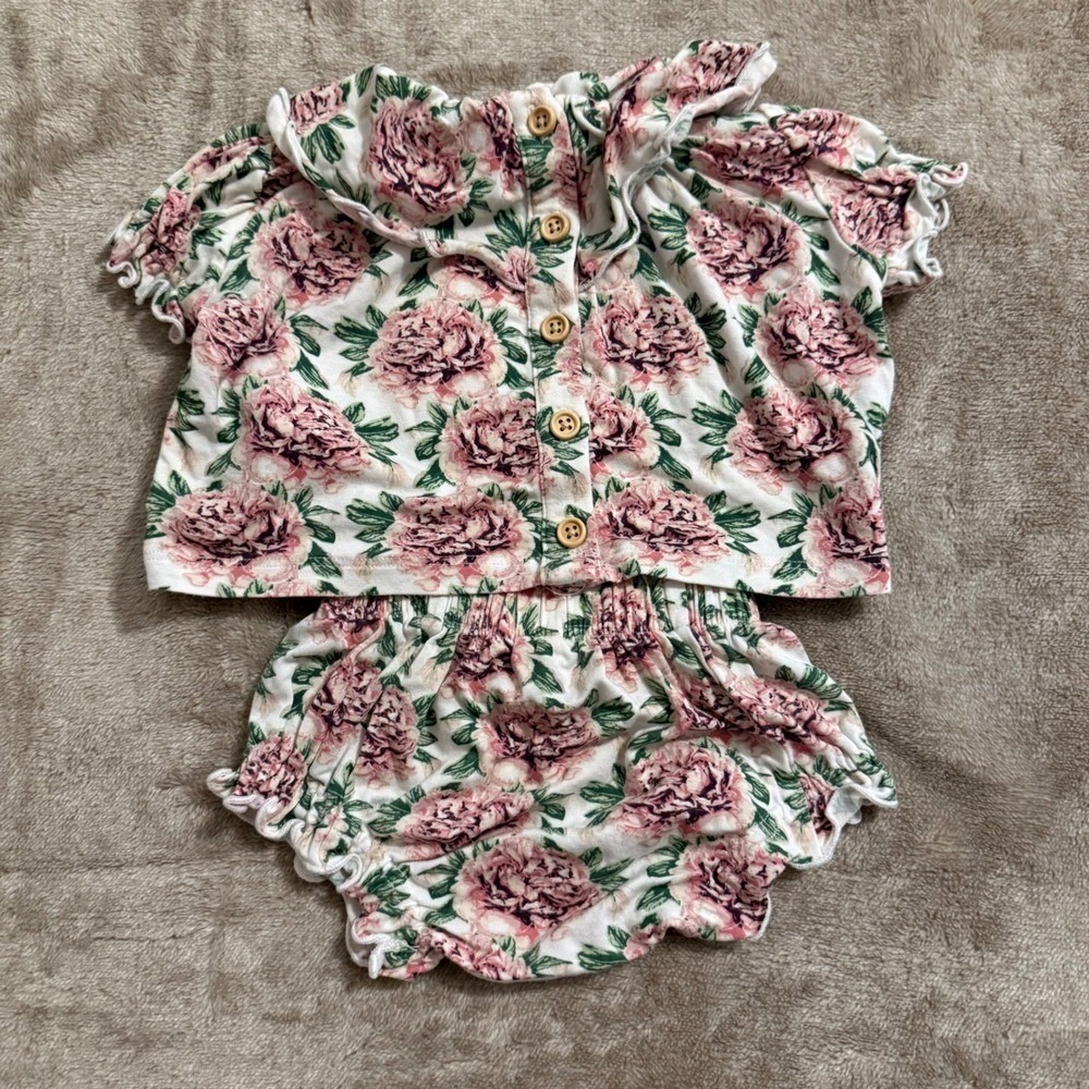 Kate Quinn Baby Girl Pink Peony Floral Bamboo Viscose Top and Bloomers Set 0-3M